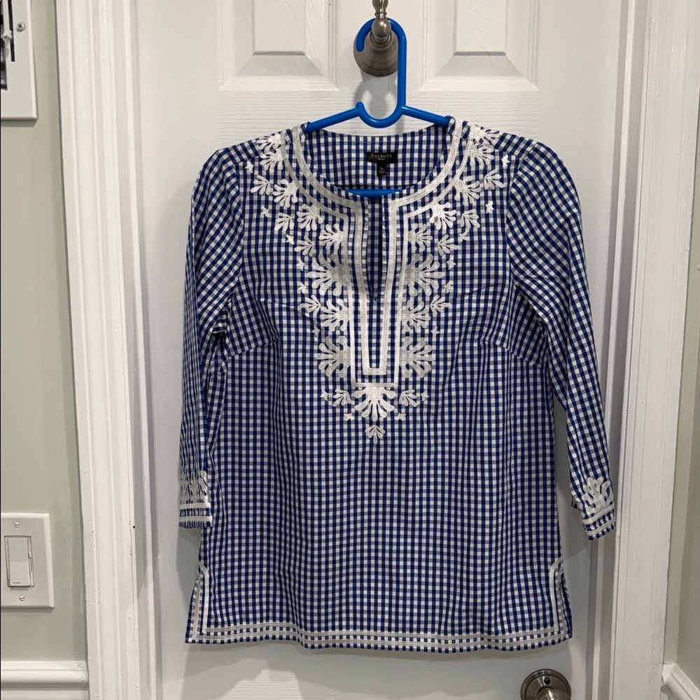 Talbots Embroidered Blouse navy and white gingham